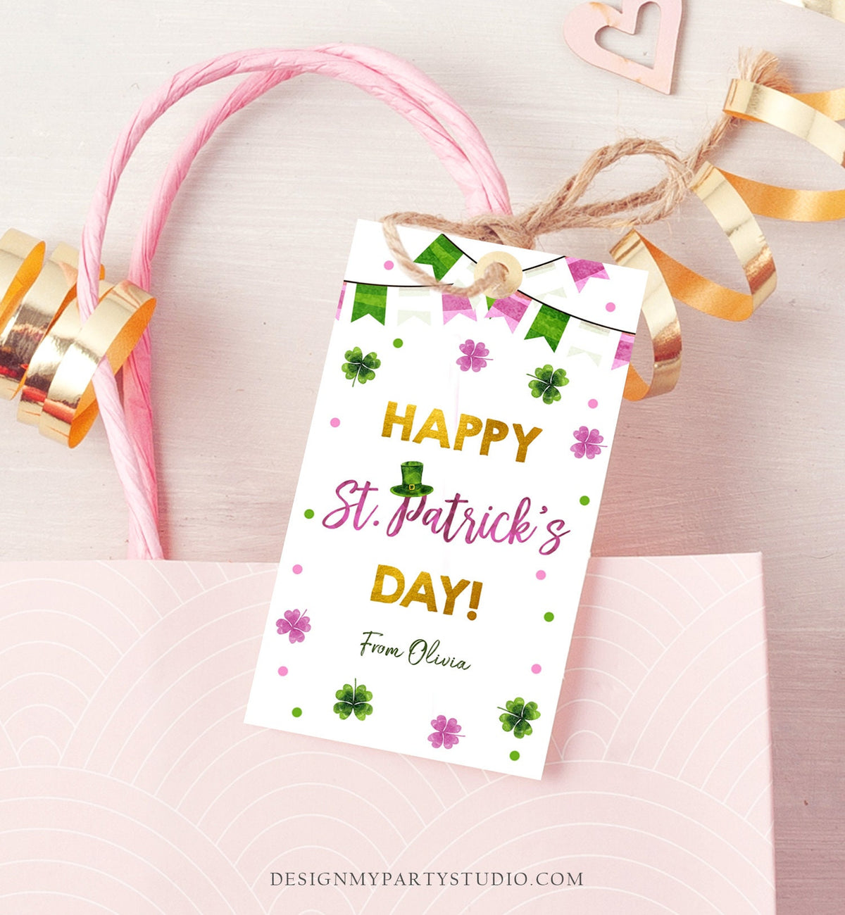 Editable Happy St Patrick&#39;s Day Thank You Favor Tag Lucky One Horseshoe Girl Pink Gold Clover Teacher Appreciation Corjl Template 0451 0379