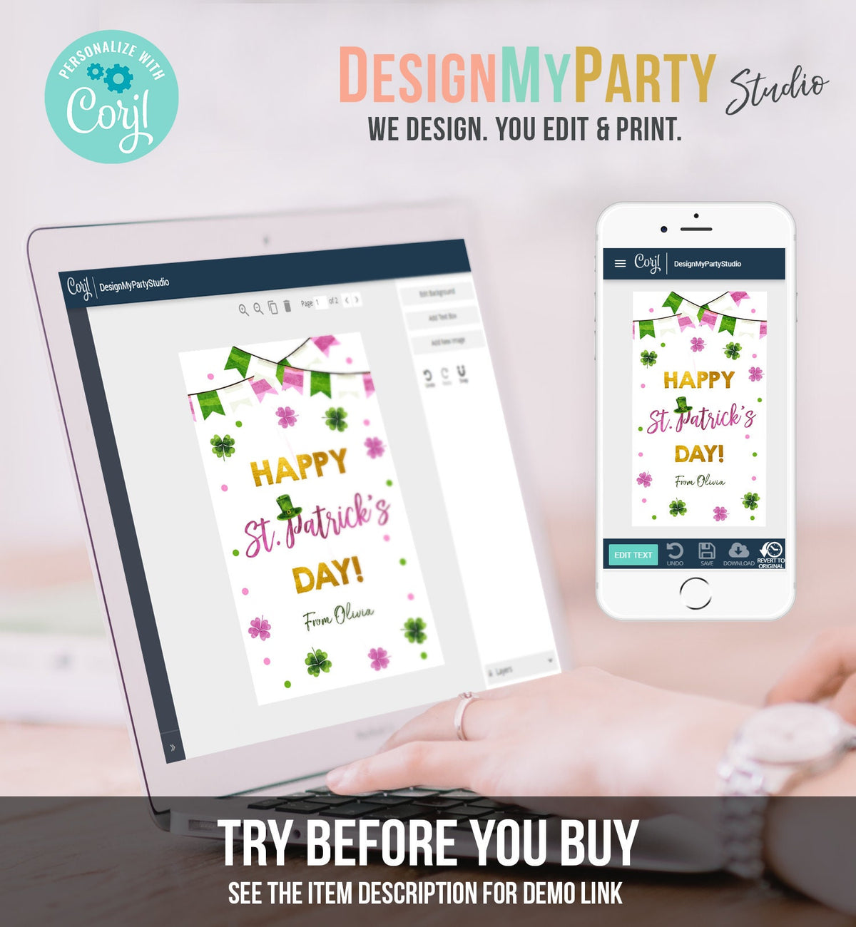 Editable Happy St Patrick&#39;s Day Thank You Favor Tag Lucky One Horseshoe Girl Pink Gold Clover Teacher Appreciation Corjl Template 0451 0379