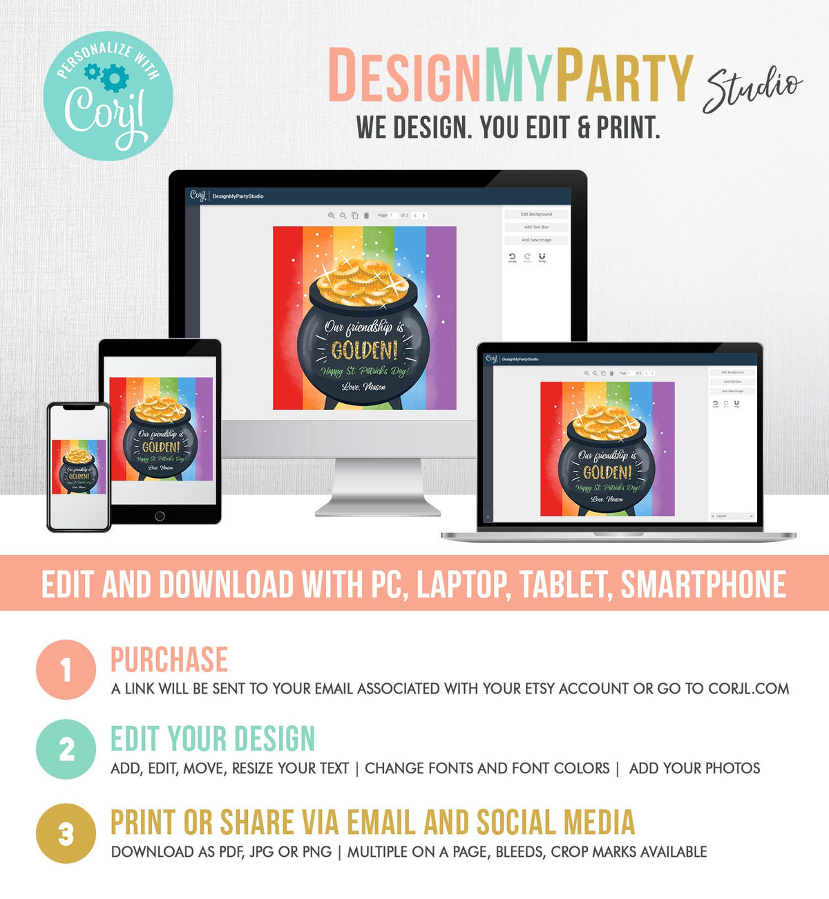 Editable St. Patrick&#39;s Day Tag Pot of Gold Favor Tags Glassroom Gift Kids Rainbow Party Favors Gift Friend Class Treats Template Corjl 0451