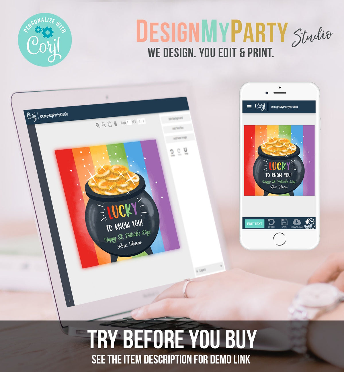 Editable St. Patrick&#39;s Day Tag Pot of Gold Favor Tags Glassroom Gift Kids Rainbow Teacher Friend Class Treats St Paddys Template Corjl 0451