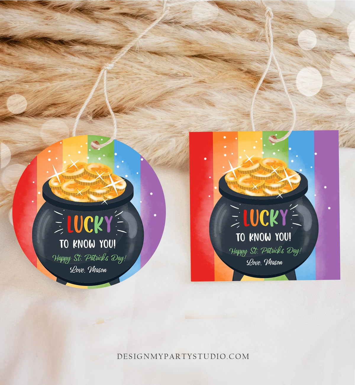 Editable St. Patrick&#39;s Day Tag Pot of Gold Favor Tags Glassroom Gift Kids Rainbow Teacher Friend Class Treats St Paddys Template Corjl 0451