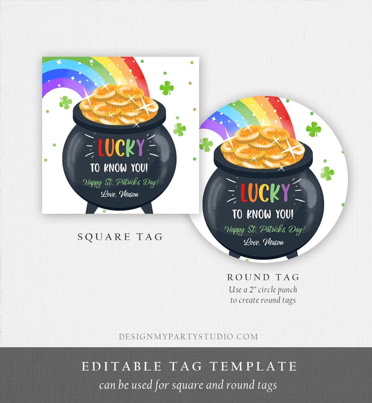 Editable St. Patrick&#39;s Day Tag Pot of Gold Favor Tags Glassroom Gift Kids Rainbow Party Favors Gift Friend Class Treats Template Corjl 0451