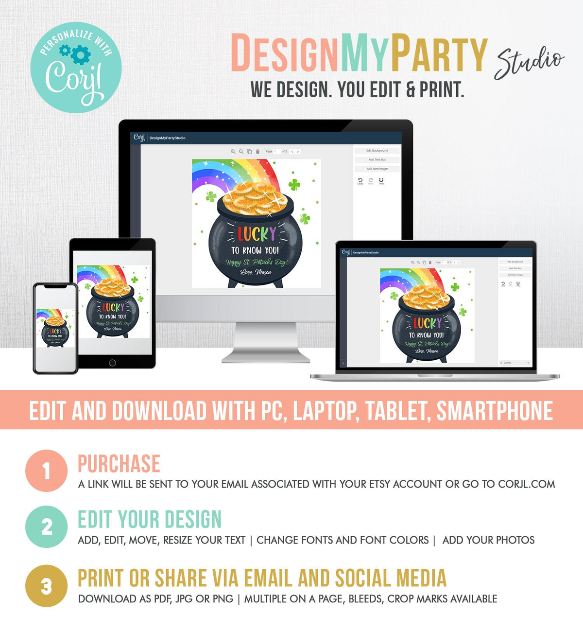 Editable St. Patrick&#39;s Day Tag Pot of Gold Favor Tags Glassroom Gift Kids Rainbow Party Favors Gift Friend Class Treats Template Corjl 0451