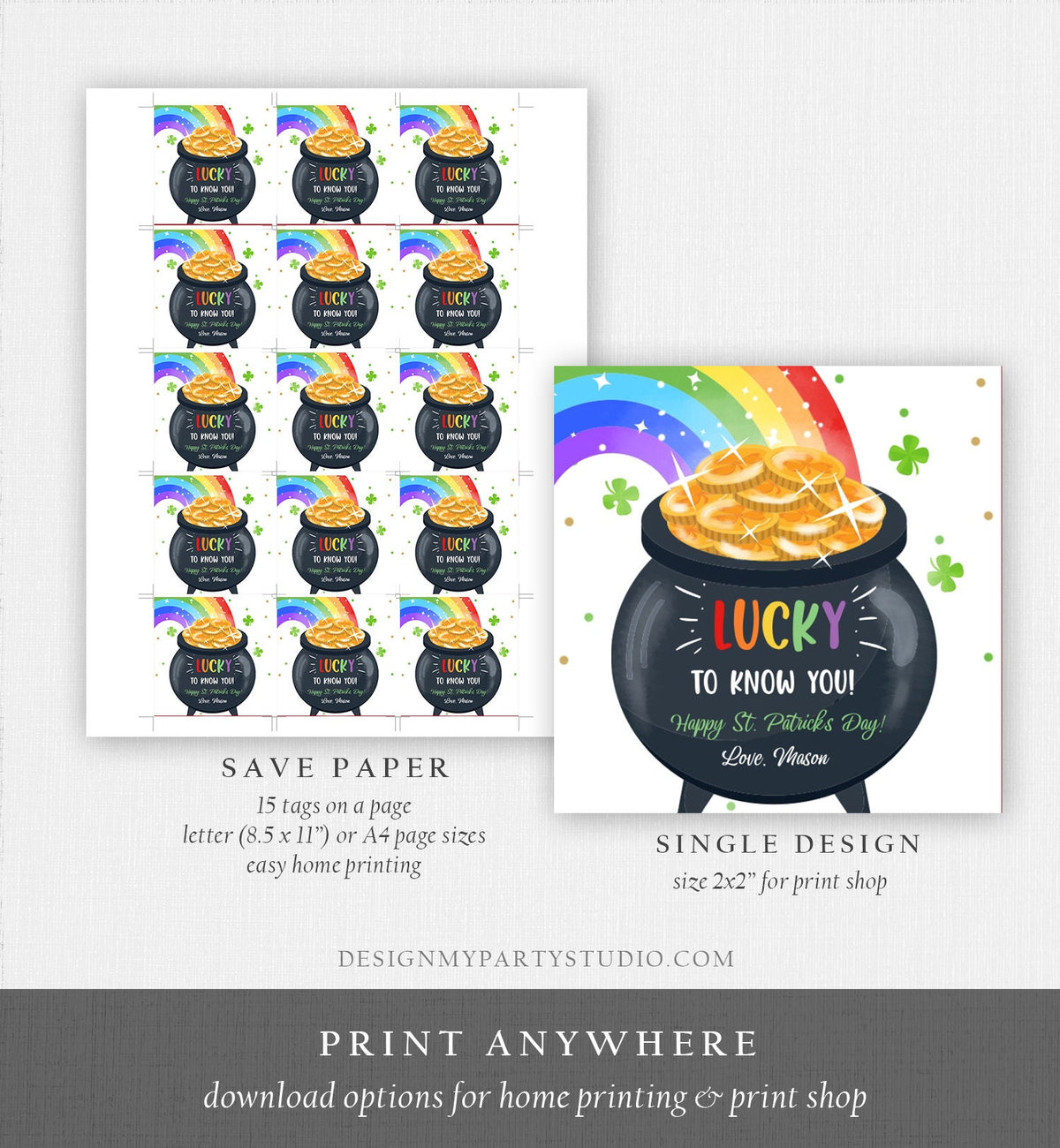 Editable St. Patrick&#39;s Day Tag Pot of Gold Favor Tags Glassroom Gift Kids Rainbow Party Favors Gift Friend Class Treats Template Corjl 0451