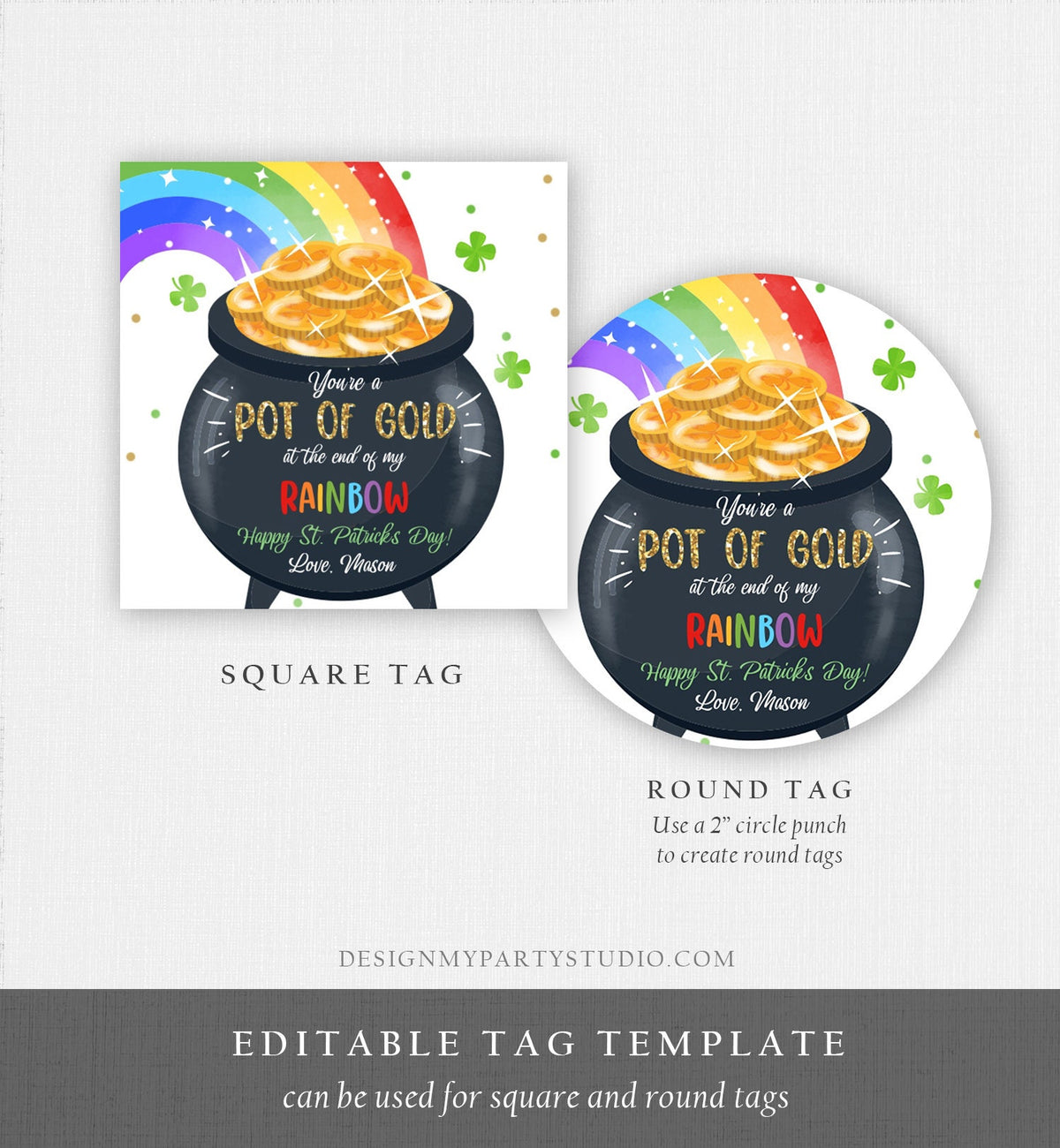 Editable St. Patrick&#39;s Day Tag Pot of Gold Favor Tags Glassroom Gift Kids Rainbow Party Favors Gift Friend Class Treats Template Corjl 0451