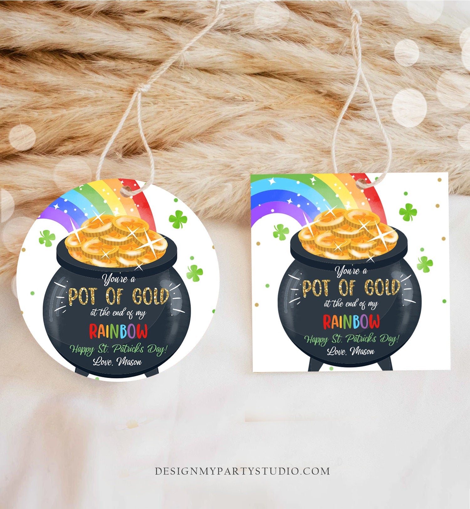 Editable St. Patrick's Day Tag Pot of Gold Favor Tags Glassroom Gift Kids Rainbow Party Favors Gift Friend Class Treats Template Corjl 0451