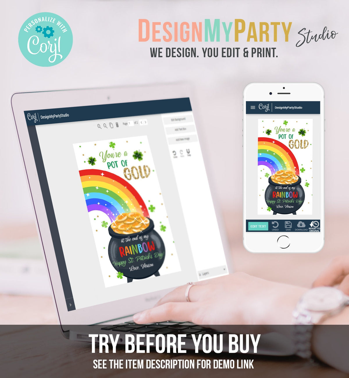 Editable St. Patrick&#39;s Day Tag Pot of Gold Favor Tags Glassroom Gift Kids Rainbow Party Friend Class Treats Digital Template Printable 0451