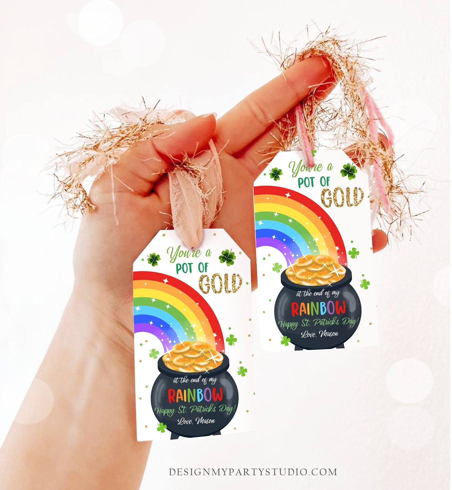 Editable St. Patrick's Day Tag Pot of Gold Favor Tags Glassroom Gift Kids Rainbow Party Friend Class Treats Digital Template Printable 0451