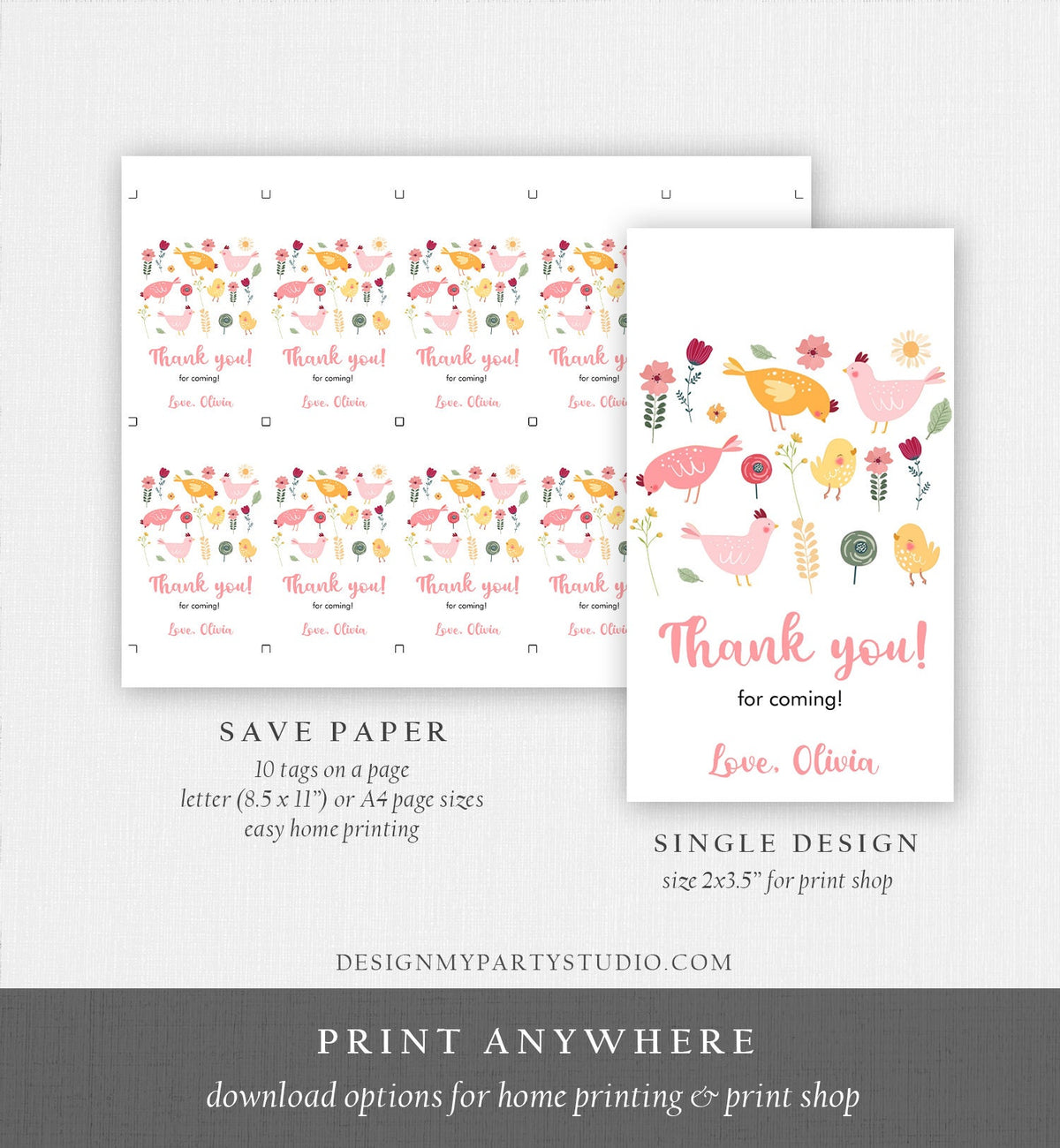 Editable Little Chick Favor Tag Birthday Thank You Girl Spring Birthday Farm Barnyard Chicken Easter Digital Template Printable 0446