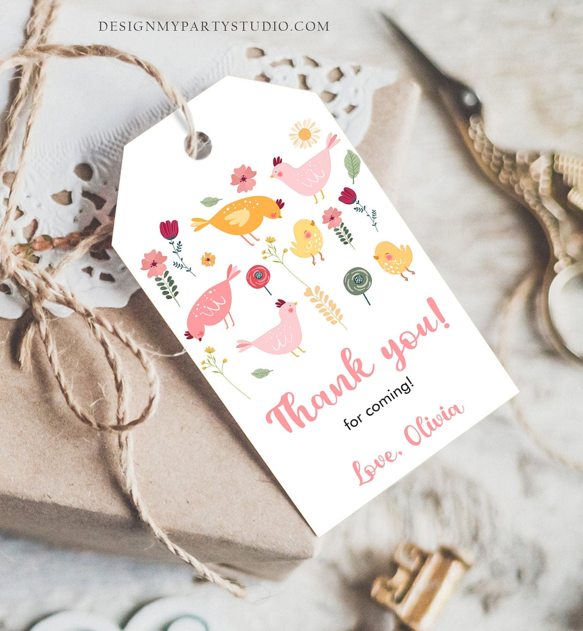 Editable Little Chick Favor Tag Birthday Thank You Girl Spring Birthday Farm Barnyard Chicken Easter Digital Template Printable 0446