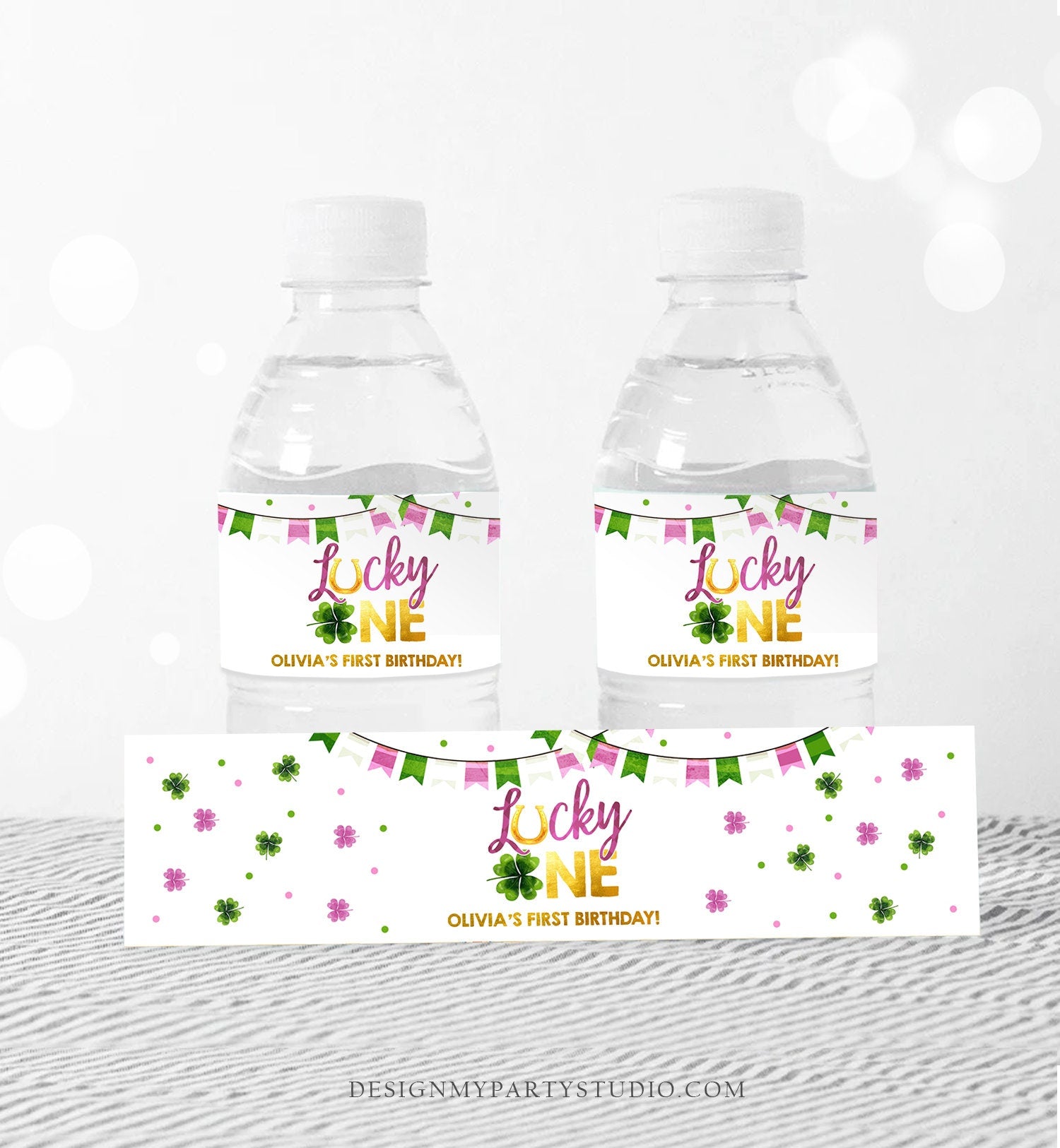 Editable Lucky One St Patricks Day Pink Girl Gold 1st First Birthday Clover Shamrock Horse Shoe Download Corjl Template Printable 0379