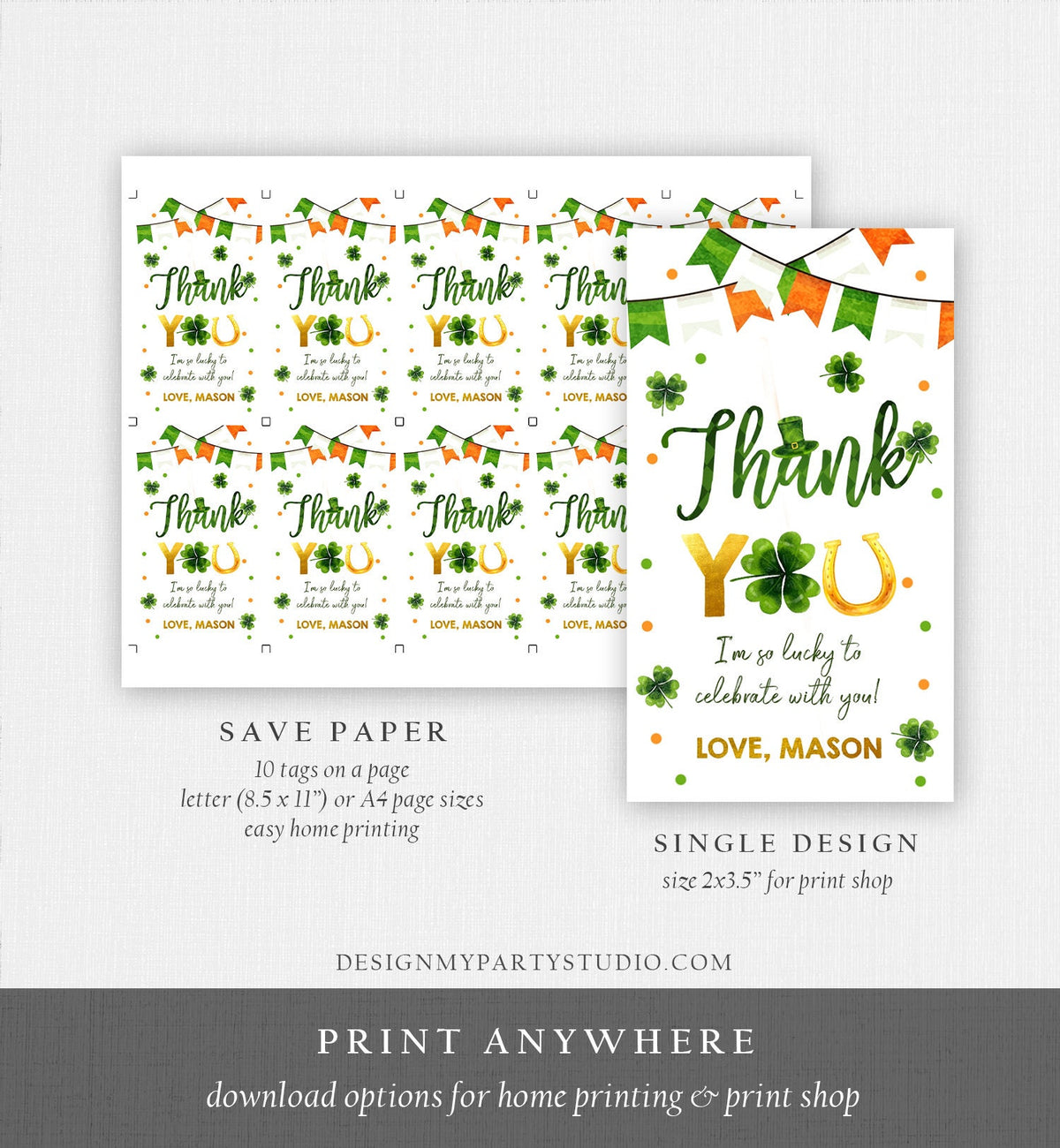 Editable St Patrick&#39;s Day Thank You Favor Tag Lucky One Horseshoe Boy Green Gold Clover Shamrock Birthday Party Corjl Template 0451 0379