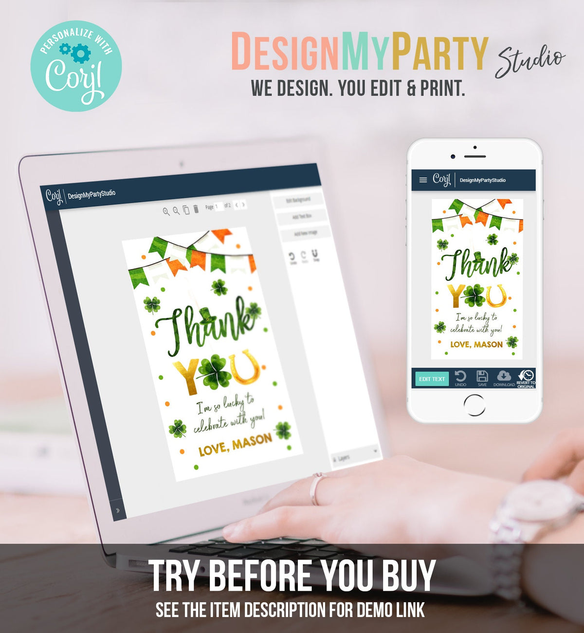 Editable St Patrick&#39;s Day Thank You Favor Tag Lucky One Horseshoe Boy Green Gold Clover Shamrock Birthday Party Corjl Template 0451 0379