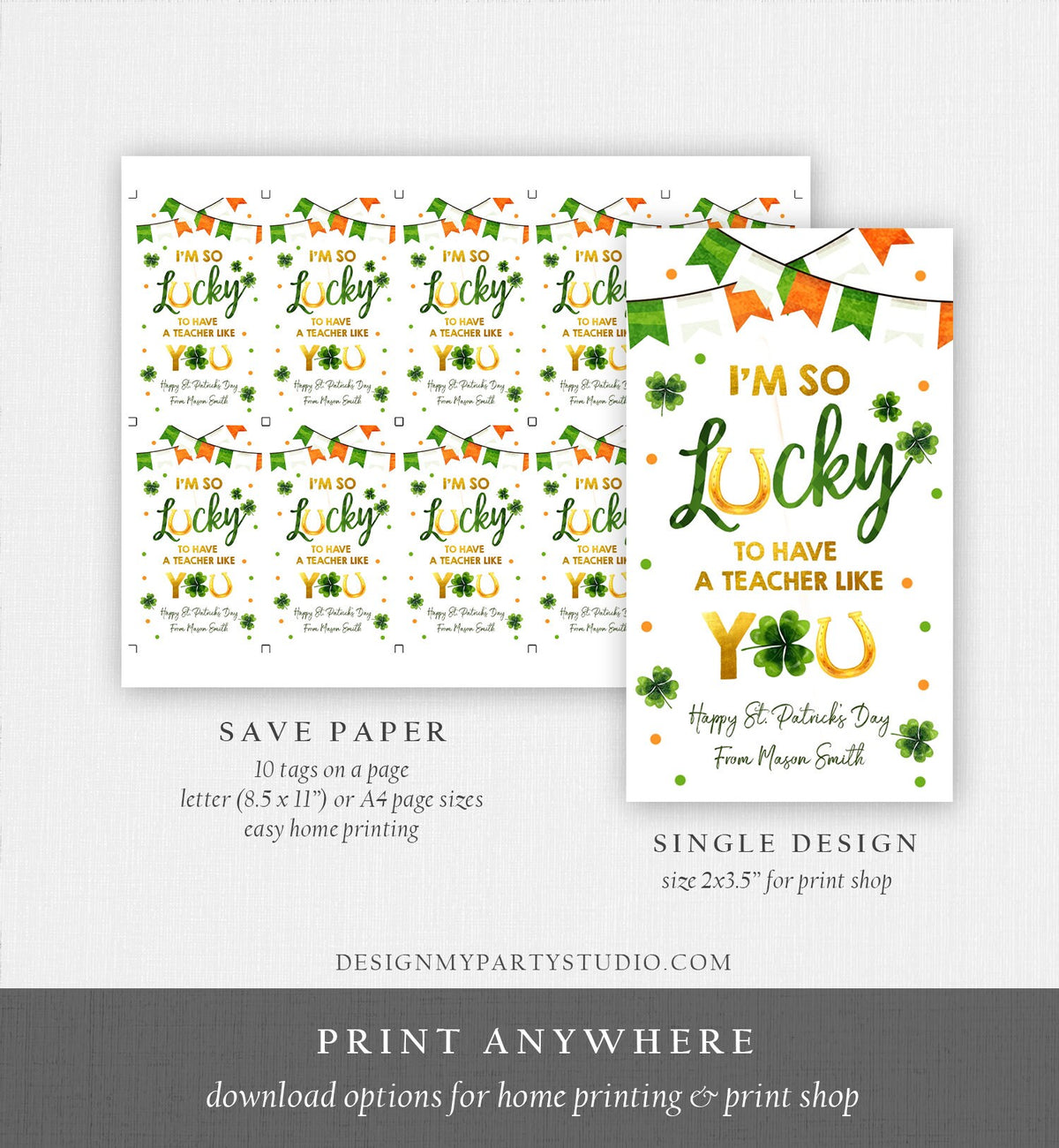 Editable St Patrick&#39;s Day Teacher Appreciation Thank You Favor Tag Im so Lucky One Boy Green Gold Clover Shamrock Corjl Template 0451 0379