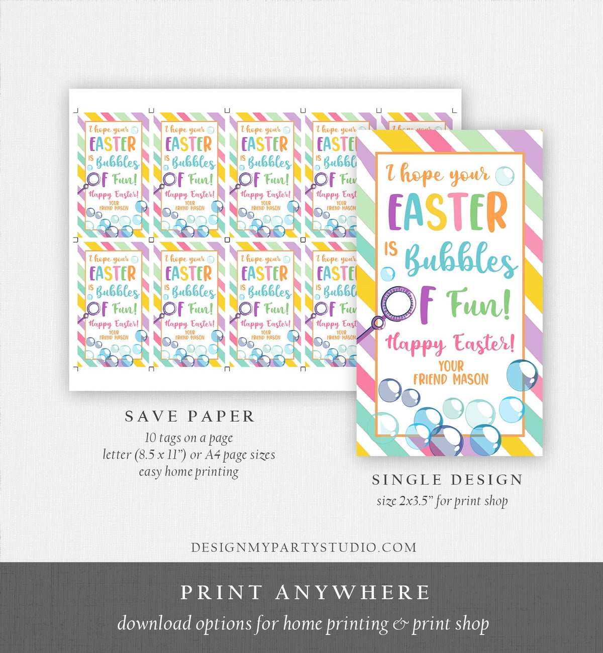 Editable Easter Bubbles Tag Easter Tags Kids Easter Gift Tag Classroom Kids Class Treat Bubbles of Fun Happy Easter Digital PRINTABLE 0449