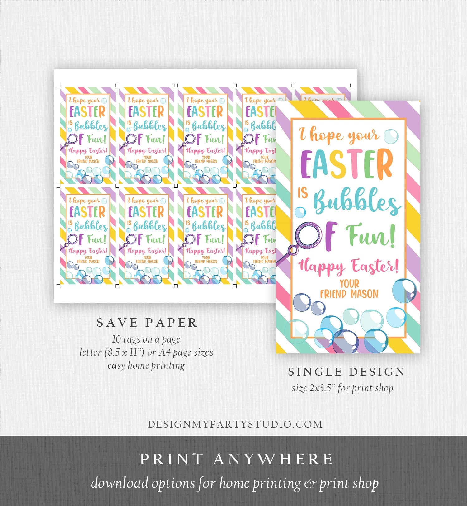 Editable Easter Bubbles Tag Easter Tags Kids Easter Gift Tag Classroom Kids Class Treat Bubbles of Fun Happy Easter Digital PRINTABLE 0449