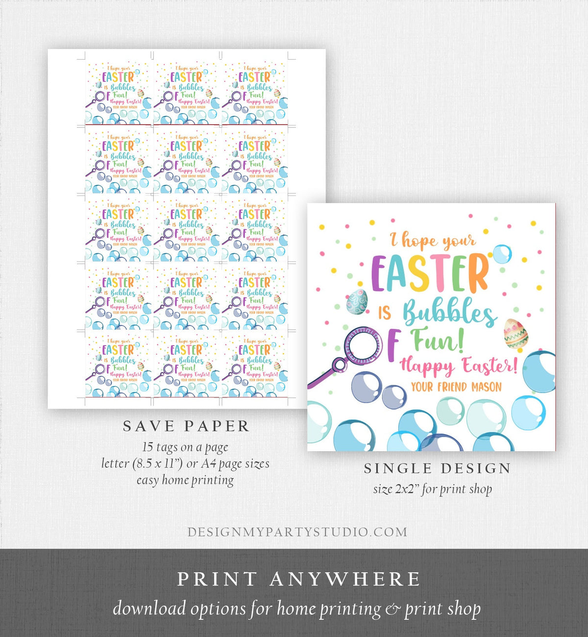 Editable Easter Bubbles Tag Easter Tags Kids Easter Gift Tag Classroom Kids Class Treat Bubbles of Fun Happy Easter Digital PRINTABLE 0449