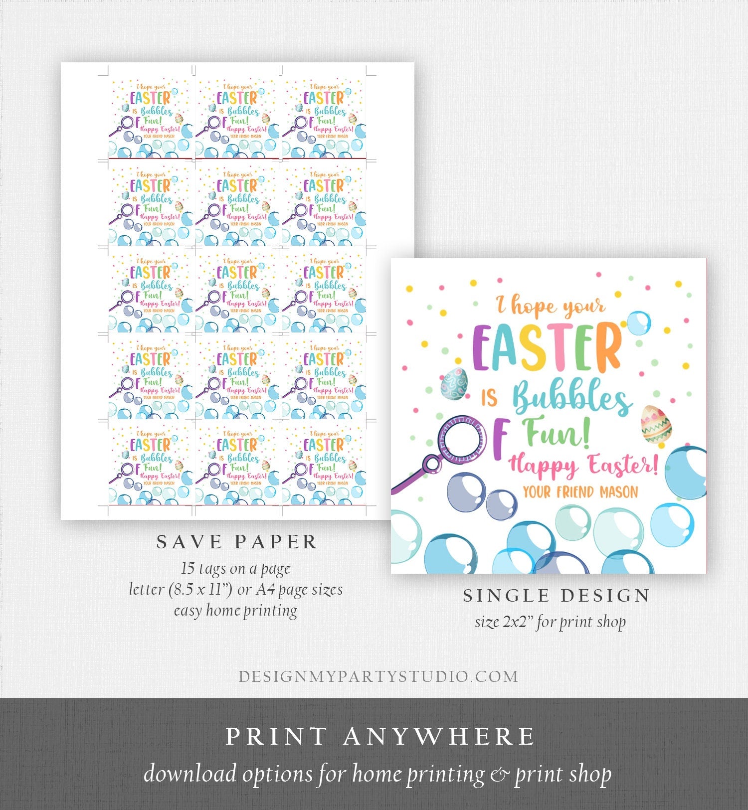 Editable Easter Bubbles Tag Easter Tags Kids Easter Gift Tag Classroom Kids Class Treat Bubbles of Fun Happy Easter Digital PRINTABLE 0449