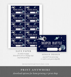 Editable Outer Space Astronaut Diaper Raffle Ticket Baby Shower Blue Navy Planets Galaxy Registry Card Game Corjl Template PRINTABLE 0366