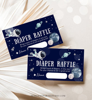 Editable Outer Space Astronaut Diaper Raffle Ticket Baby Shower Blue Navy Planets Galaxy Registry Card Game Corjl Template PRINTABLE 0366