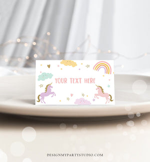 Editable Unicorn Food Labels Magical Rainbow Pink Pastel Girl Birthday Place Card Tent Card Escort Card Digital Download Corjl Template 0426