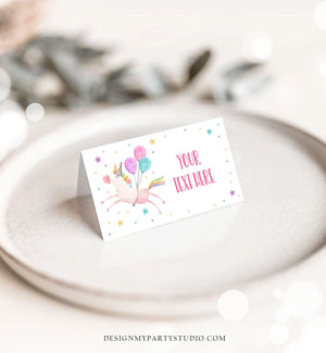 Editable Unicorn Food Labels Magical Rainbow Pink Pastel Girl Birthday Place Card Tent Card Escort Card Digital Download Corjl Template 0336
