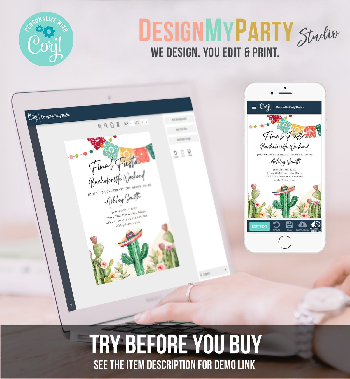 Editable Final Fiesta Bachelorette Weekend Engagement Invitation Bridal Shower Watercolor Cactus Succulent Digital Template Printable 0404