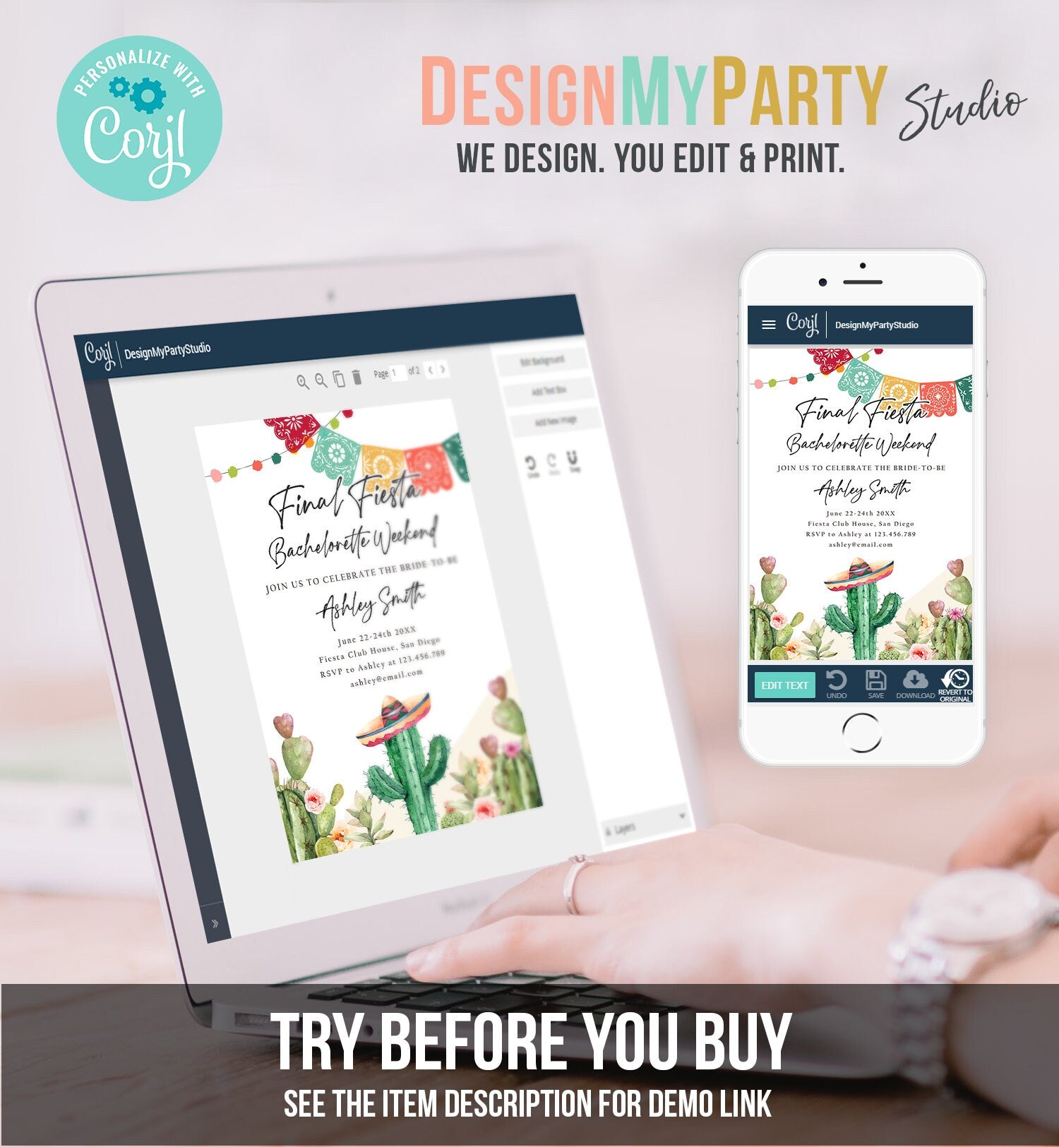 Editable Final Fiesta Bachelorette Weekend Engagement Invitation Bridal Shower Watercolor Cactus Succulent Digital Template Printable 0404