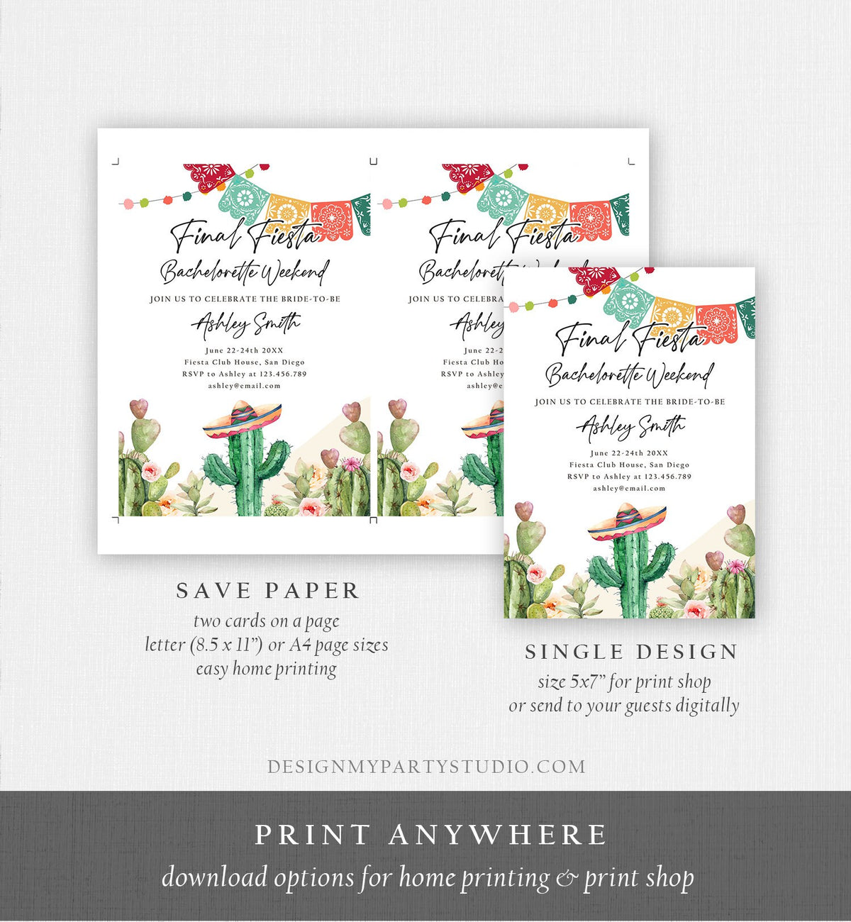 Editable Final Fiesta Bachelorette Weekend Engagement Invitation Bridal Shower Watercolor Cactus Succulent Digital Template Printable 0404