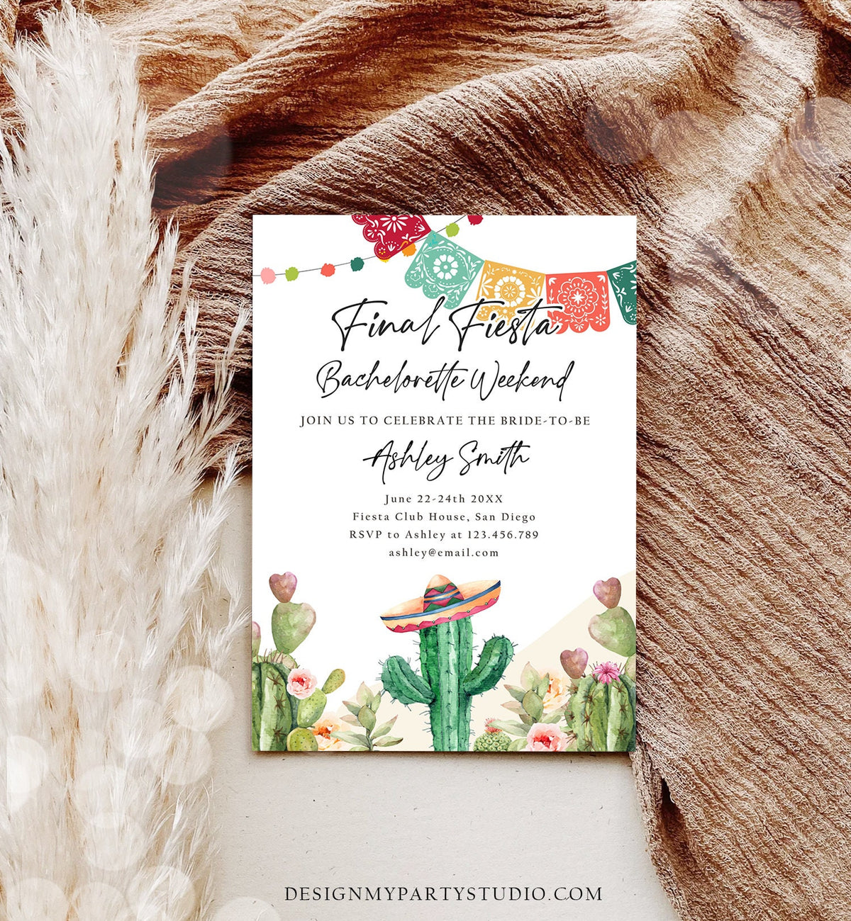 Editable Final Fiesta Bachelorette Weekend Engagement Invitation Bridal Shower Watercolor Cactus Succulent Digital Template Printable 0404