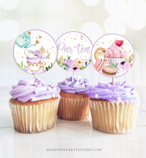 Tea Party Cupcake Toppers Tea Birthday Cupcake Toppers Favor Tag Girl Tea For Two Whimsical Floral Purple Gold Digital PRINTABLE 0349