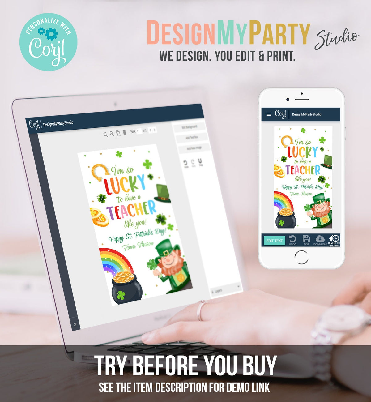 Editable St. Patrick&#39;s Day Tag Teacher Appreciation Tags Lucky To Have a Teacher Like You School Staff Gift Tag Rainbow Template Corjl 0451