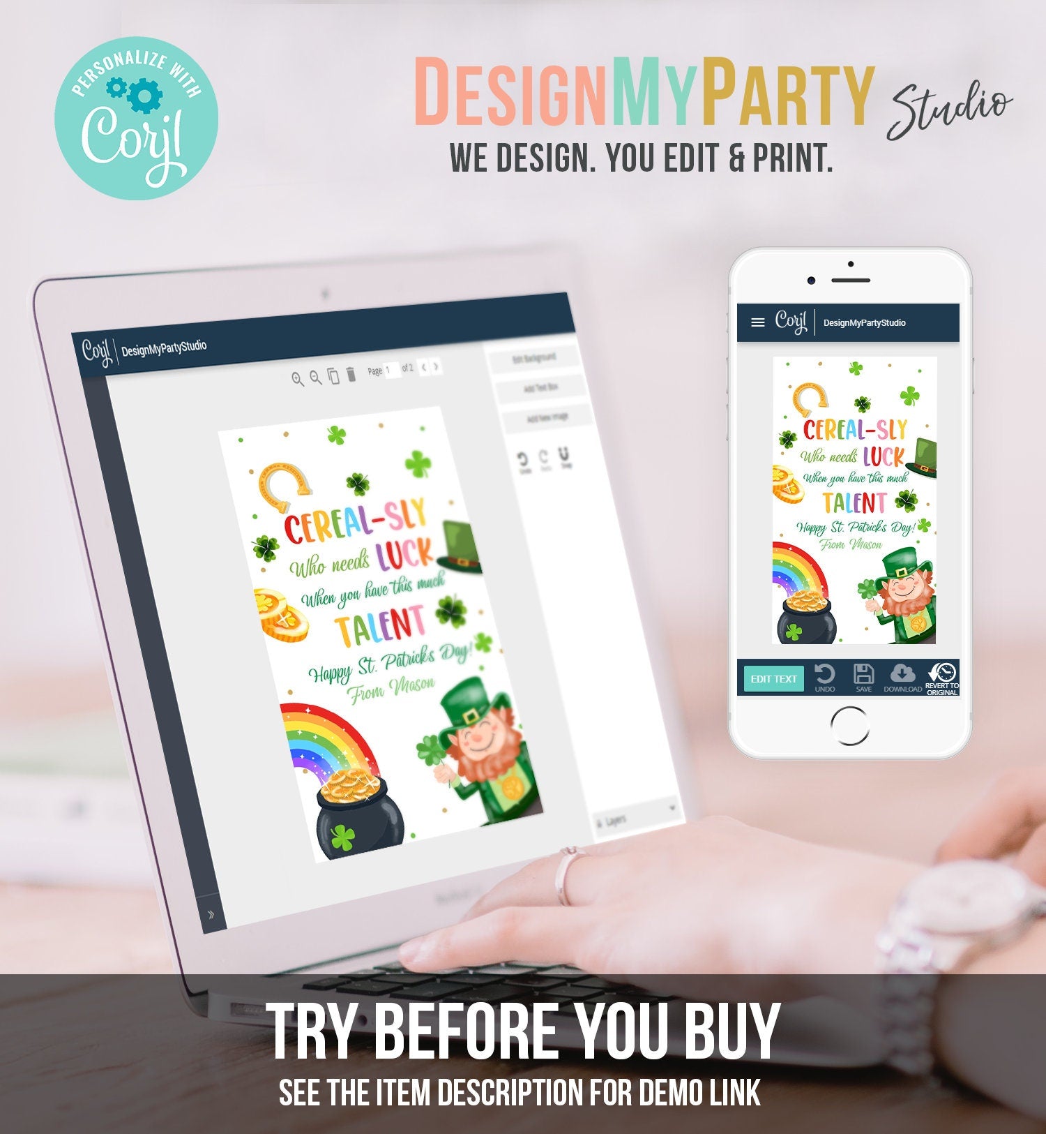 Editable St. Patrick's Day Tag Cerealsly Lucky Tag Rainbow Favor Tag Coworker Teammate Appreciation Competition Staff Template Corjl 0451