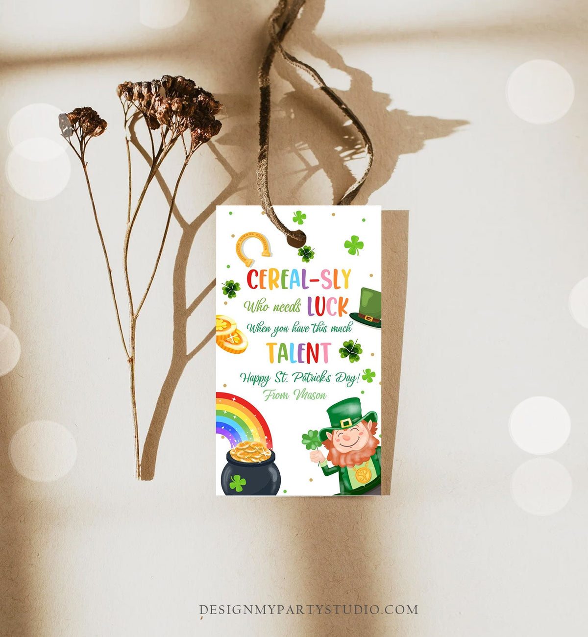 Editable St. Patrick&#39;s Day Tag Cerealsly Lucky Tag Rainbow Favor Tag Coworker Teammate Appreciation Competition Staff Template Corjl 0451