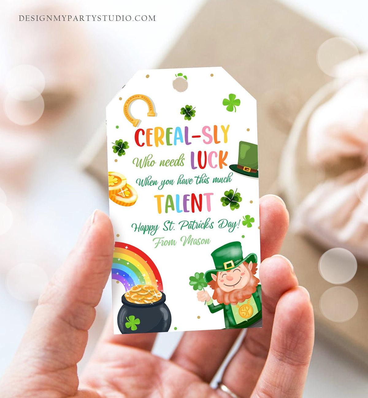 Editable St. Patrick&#39;s Day Tag Cerealsly Lucky Tag Rainbow Favor Tag Coworker Teammate Appreciation Competition Staff Template Corjl 0451
