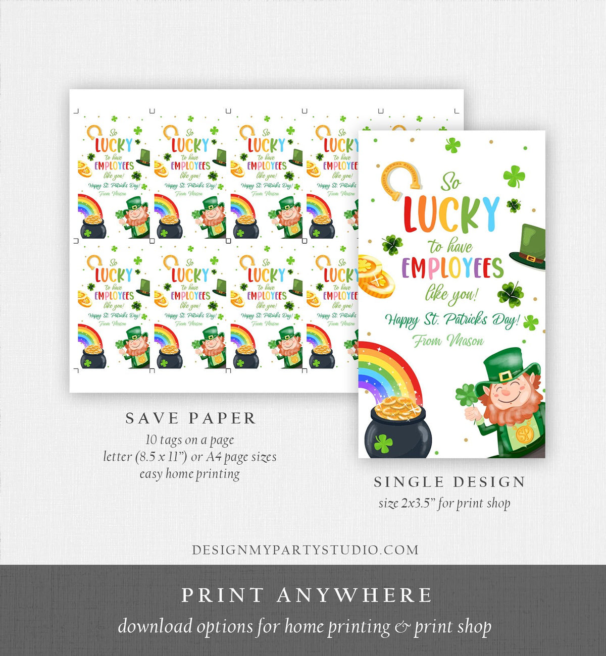 Editable St. Patrick&#39;s Day Tag Staff Gift Lucky To Have Employees Appreciation Team Member Office Manager Boss Printable Template Corjl 0451