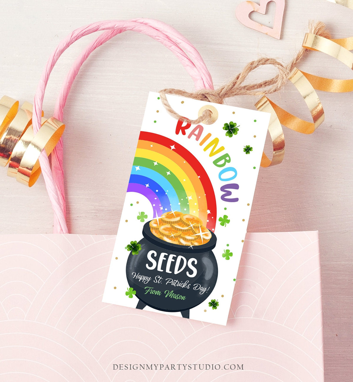 Editable St. Patrick&#39;s Day Tag Rainbow Seeds Tag Treat Favor Tag Friend School Classroom Gift Classmate Shamrock Teacher Template Corjl 0451