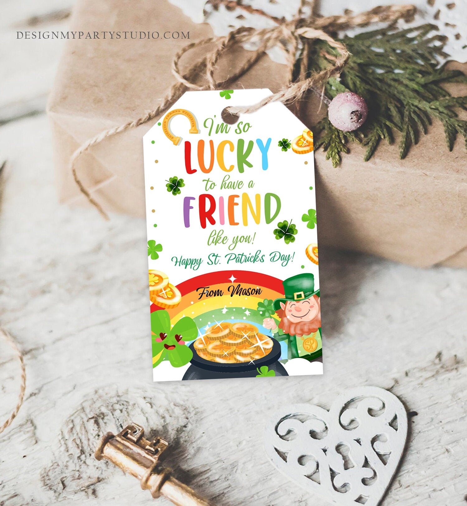 Editable St. Patrick's Day Tag Lucky To Have a Friend Like You School Classroom Gift Classmate Buddy Teammate Neighbor Template Corjl 0451