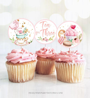 Tea Party Cupcake Toppers Tea 3rd Birthday Cupcake Toppers Favor Tag Girl Tea For Three Floral Pink Gold Download Digital PRINTABLE 0349