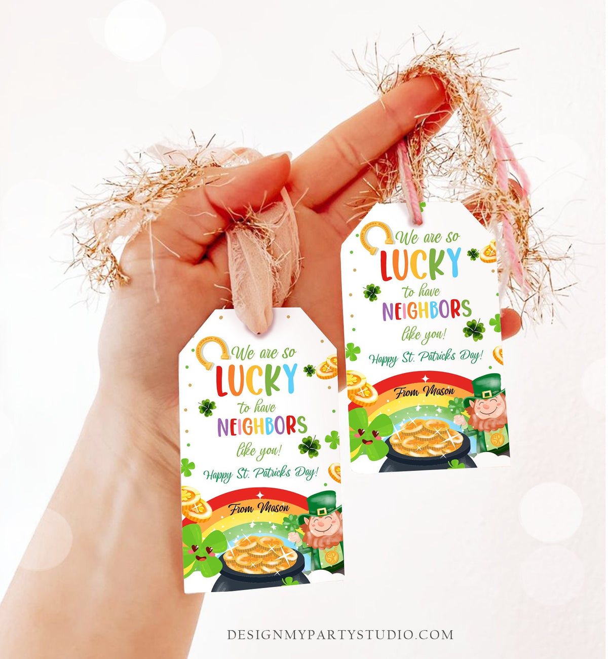 Editable St. Patrick&#39;s Day Tag Neighbor Appreciation Gift Tag Lucky To Have Neighbors Like You Neighborhood Printable Template Corjl 0451