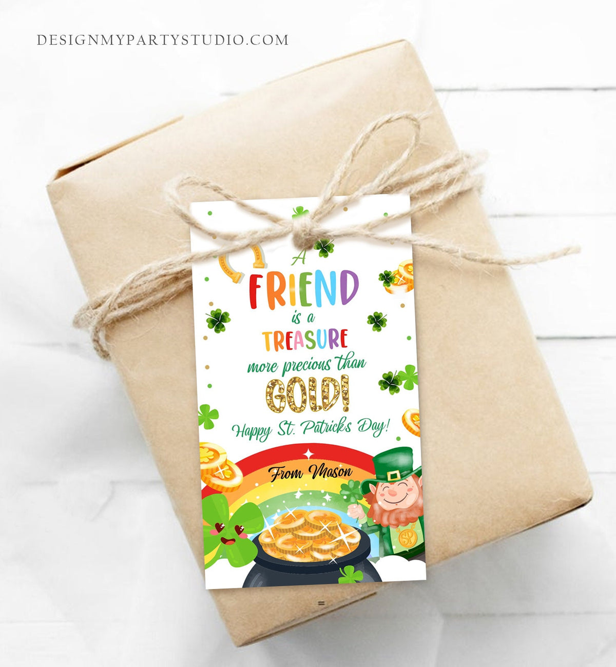 Editable St. Patrick&#39;s Day Tag A Friend Is A Treasure More Precious Than Gold Tag School Gift Classmate Buddy Teammate Template Corjl 0451