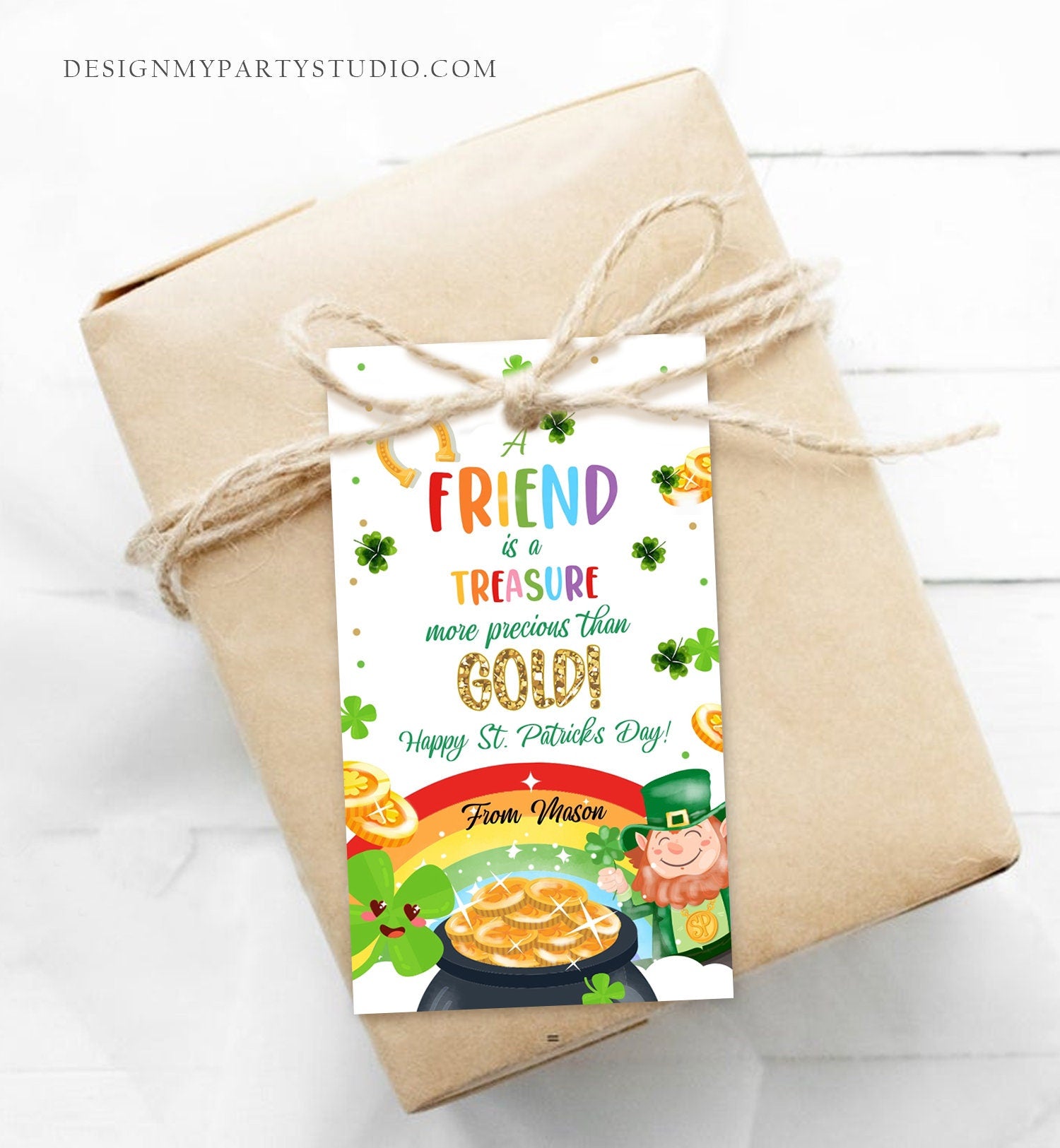 Editable St. Patrick's Day Tag A Friend Is A Treasure More Precious Than Gold Tag School Gift Classmate Buddy Teammate Template Corjl 0451