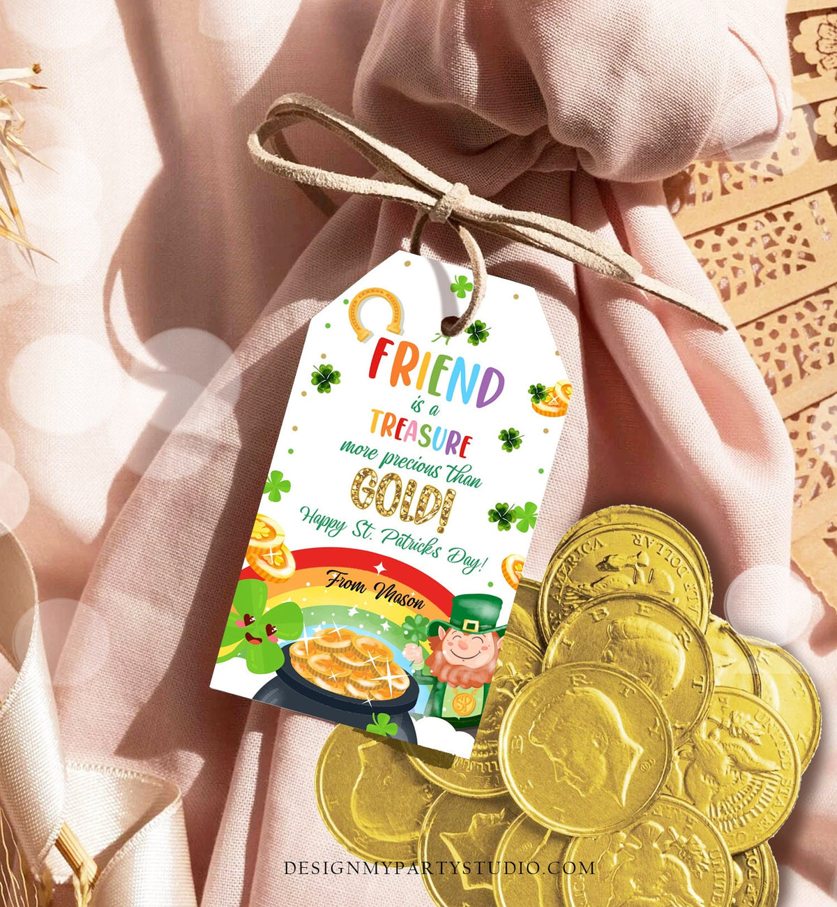 Editable St. Patrick&#39;s Day Tag A Friend Is A Treasure More Precious Than Gold Tag School Gift Classmate Buddy Teammate Template Corjl 0451