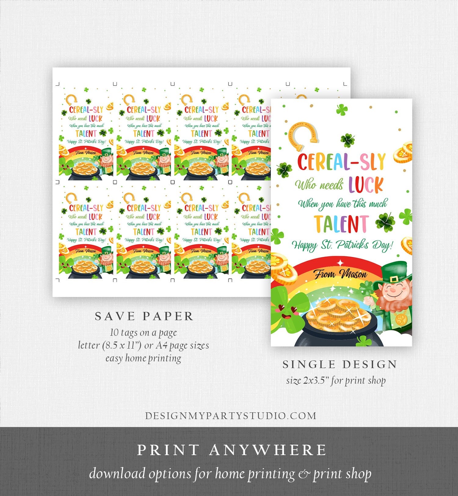 Editable St. Patrick's Day Tag Cerealsly Lucky Favor Rainbow Favor Tag Coworker Teammate Competition Staff Digital Template Printable 0451
