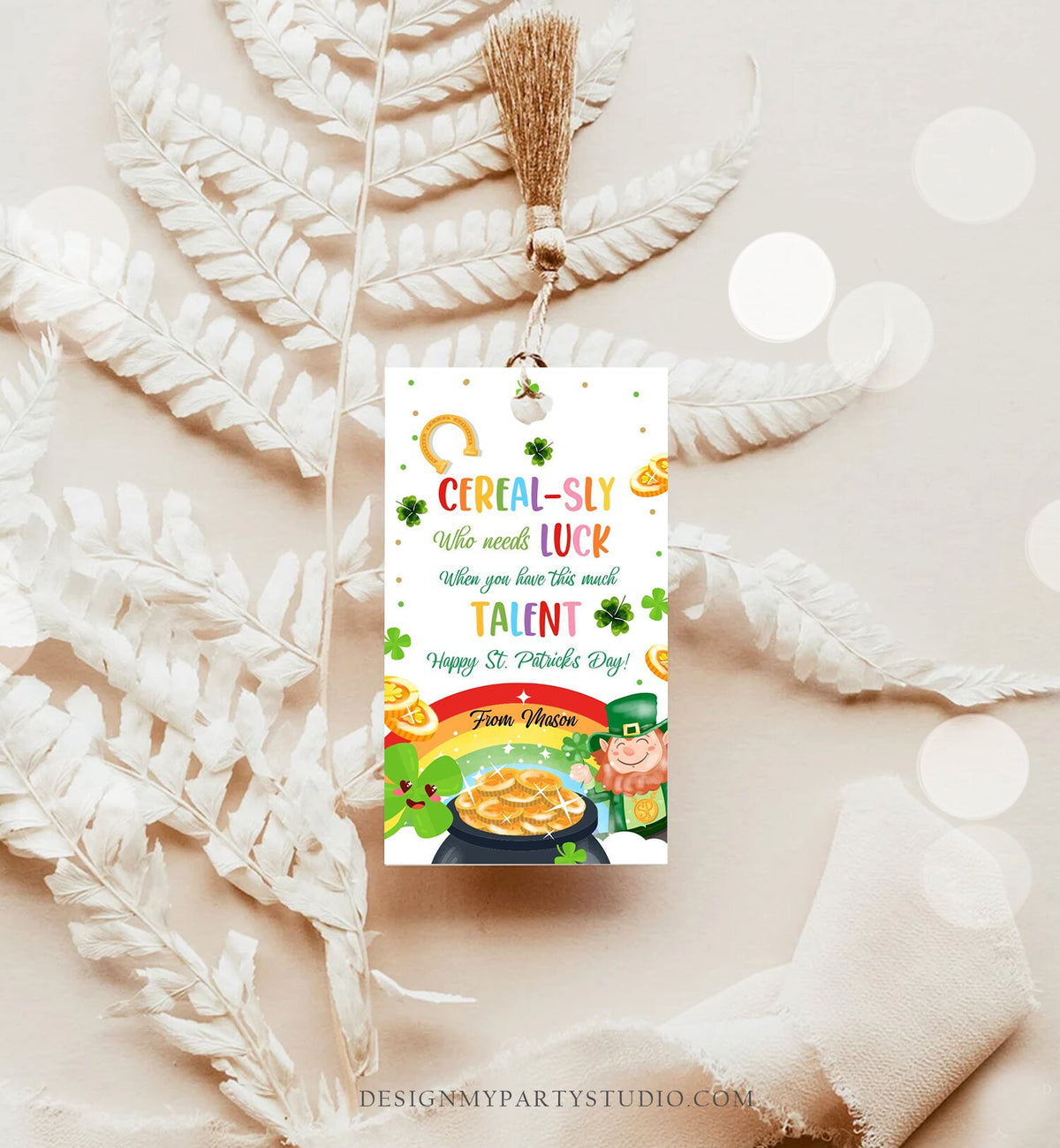 Editable St. Patrick&#39;s Day Tag Cerealsly Lucky Favor Rainbow Favor Tag Coworker Teammate Competition Staff Digital Template Printable 0451