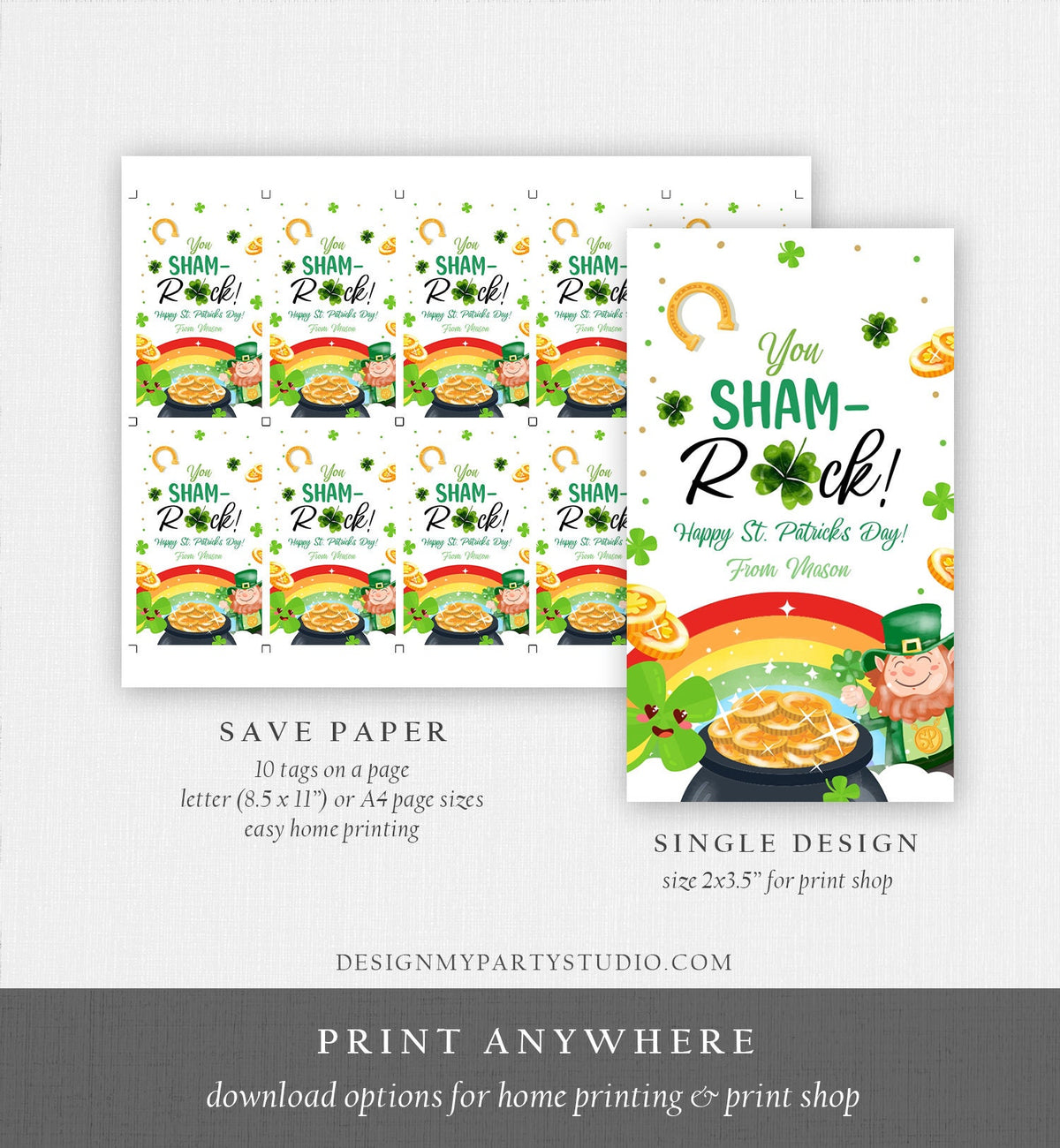 Editable St. Patrick&#39;s Day Tag You ShamROCK You Sham-rock Gift Tag School Classroom Gift Coworker Neighbor Teacher Template Corjl 0451