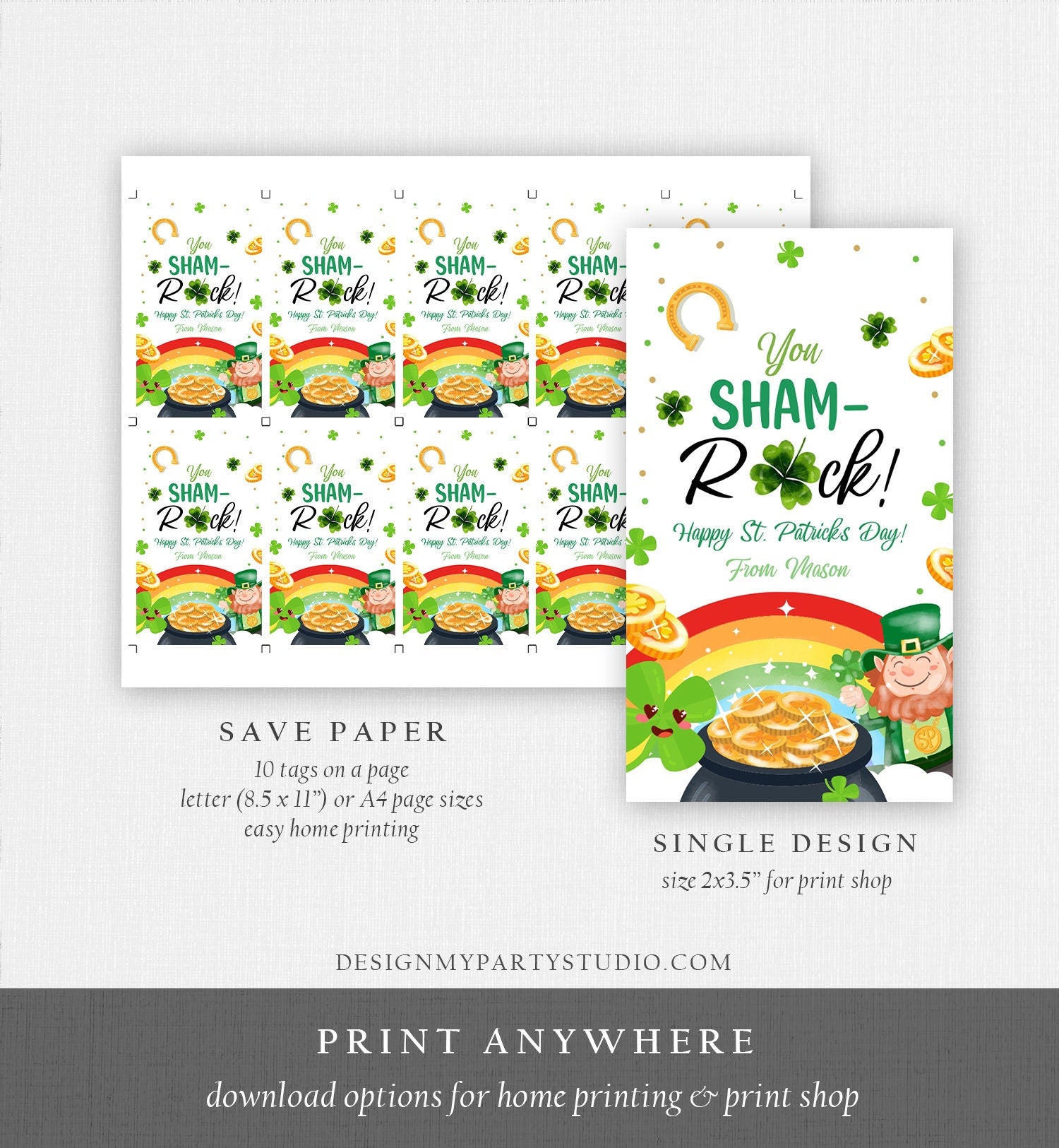 Editable St. Patrick's Day Tag You ShamROCK You Sham-rock Gift Tag School Classroom Gift Coworker Neighbor Teacher Template Corjl 0451