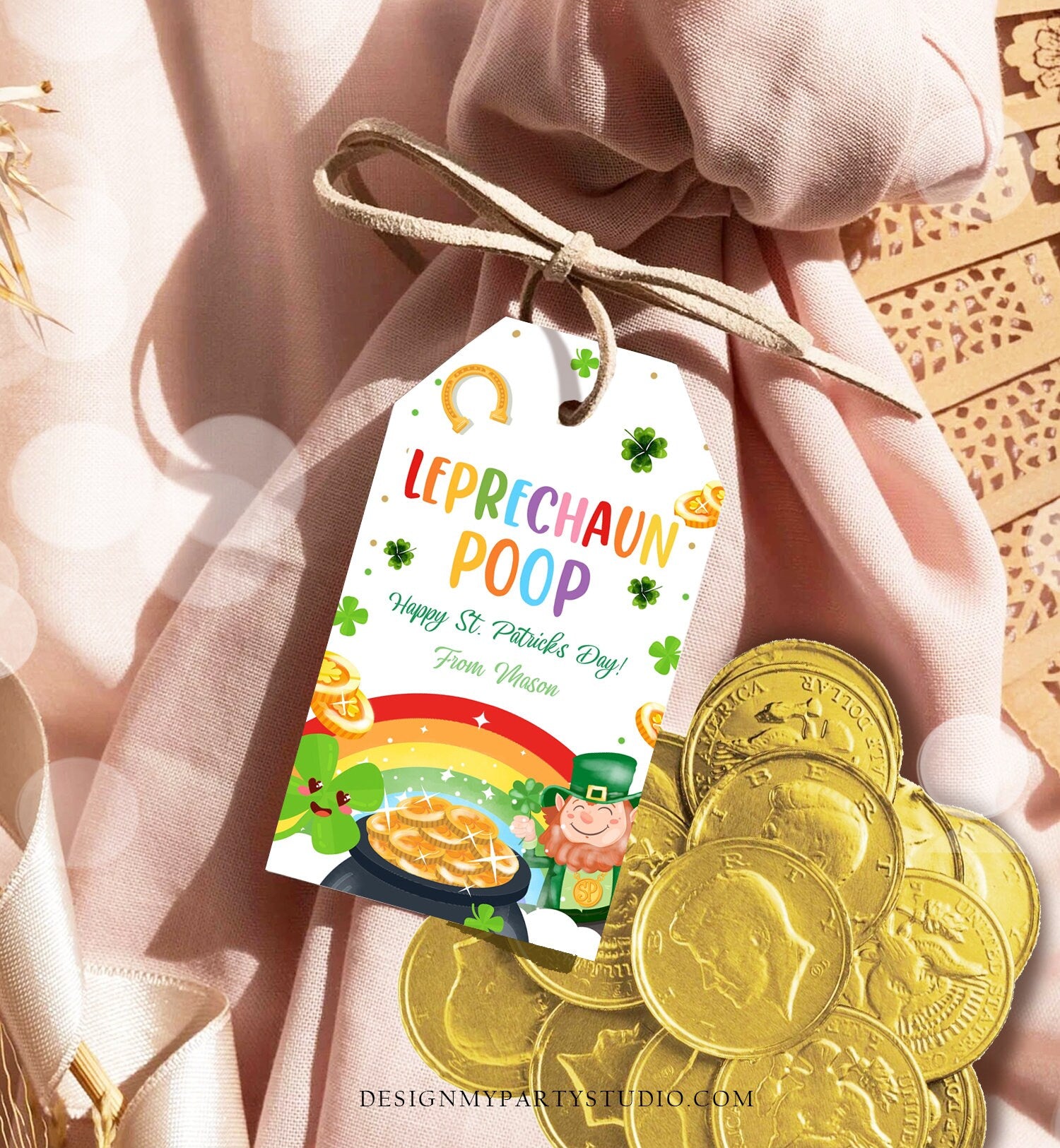 Editable St. Patrick's Day Tag Leprechaun Poop Tag Lucky Teacher School Kids Classroom Rainbow Gold Shamrock Digital Template Corjl 0451