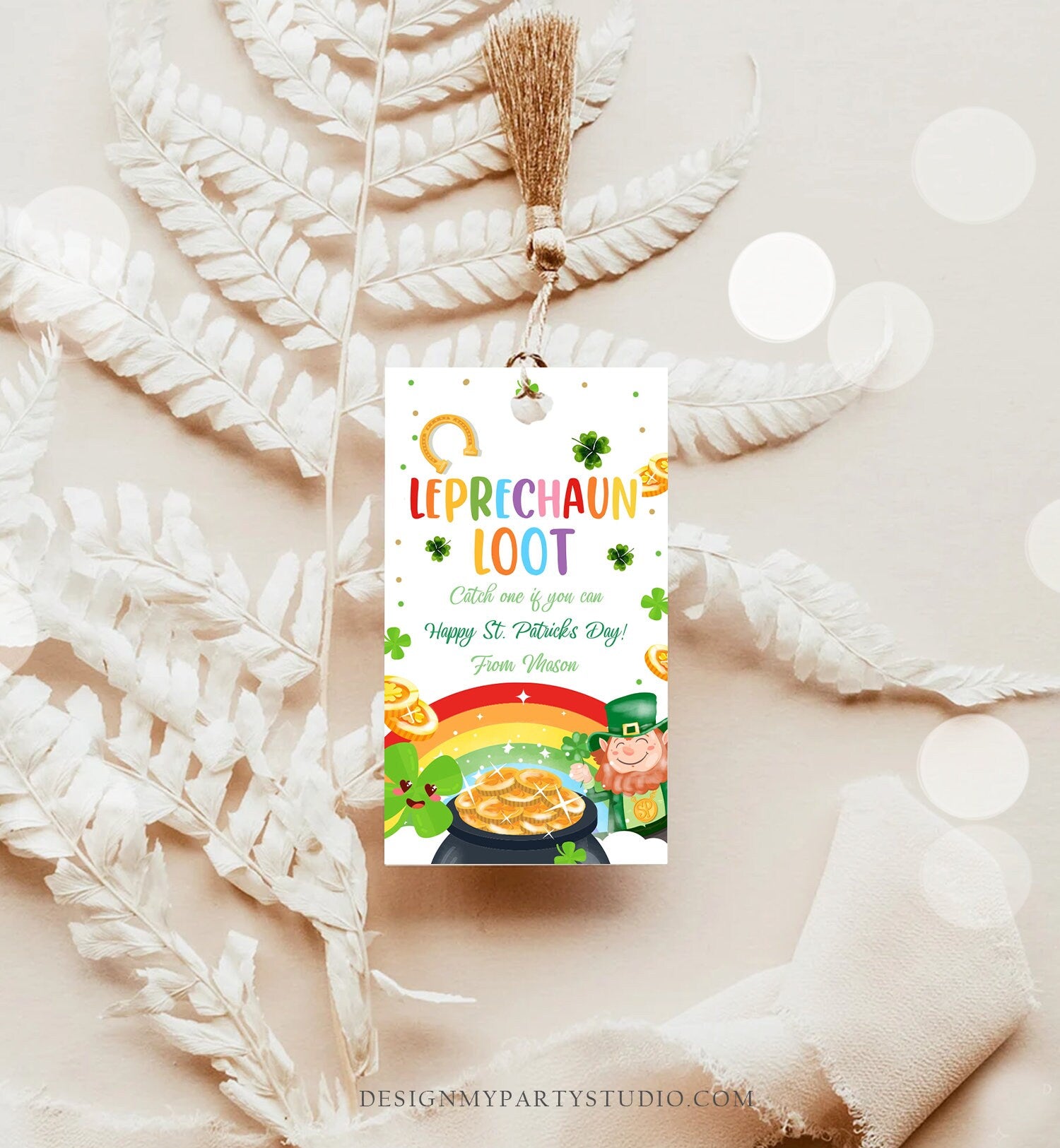 Editable St. Patrick's Day Tag Leprechaun Loot Tag Lucky Teacher School Kids Classroom Rainbow Gold Shamrock Digital Template Corjl 0451