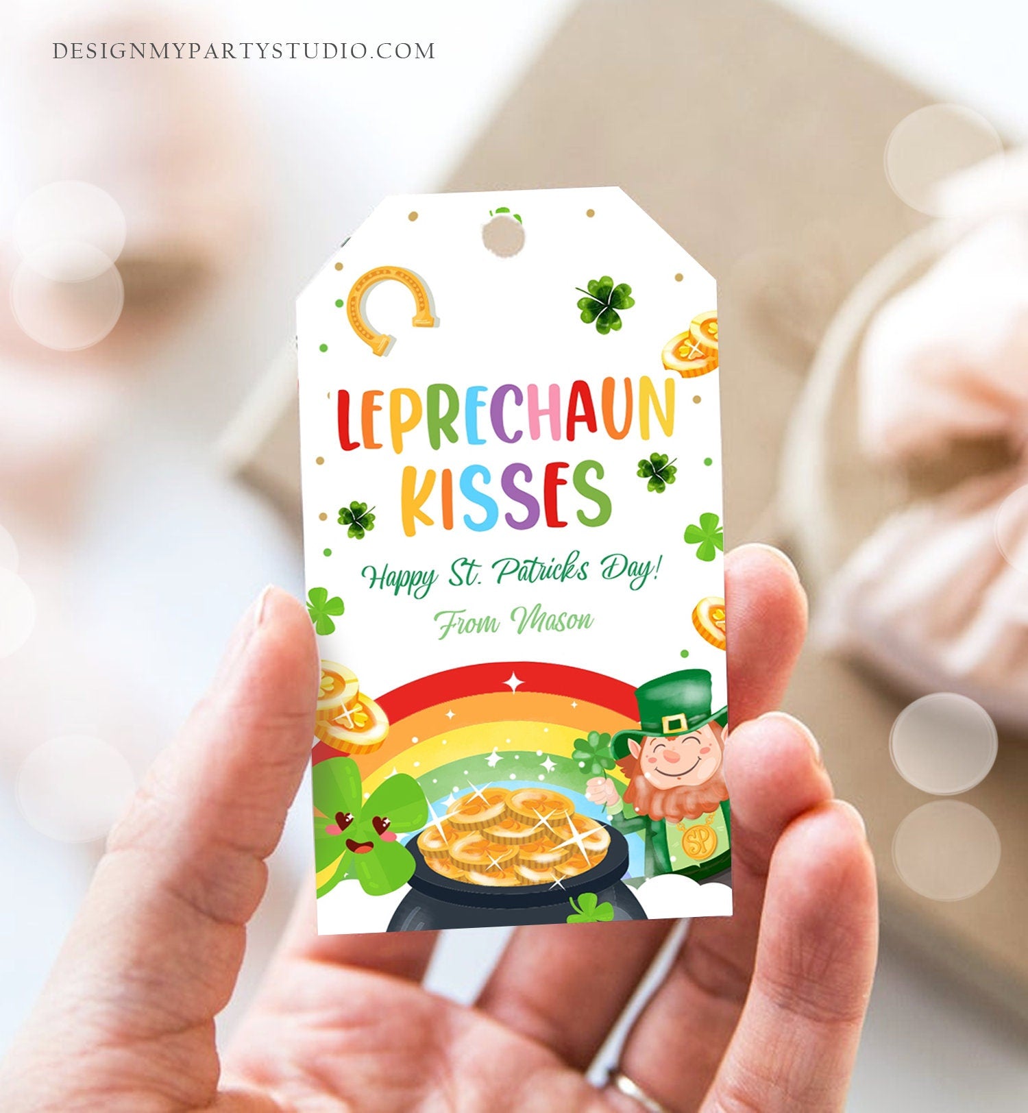 Editable St. Patrick's Day Tag Leprechaun Kisses Tag Lucky Teacher School Kids Classroom Rainbow Gold Shamrock Digital Template Corjl 0451